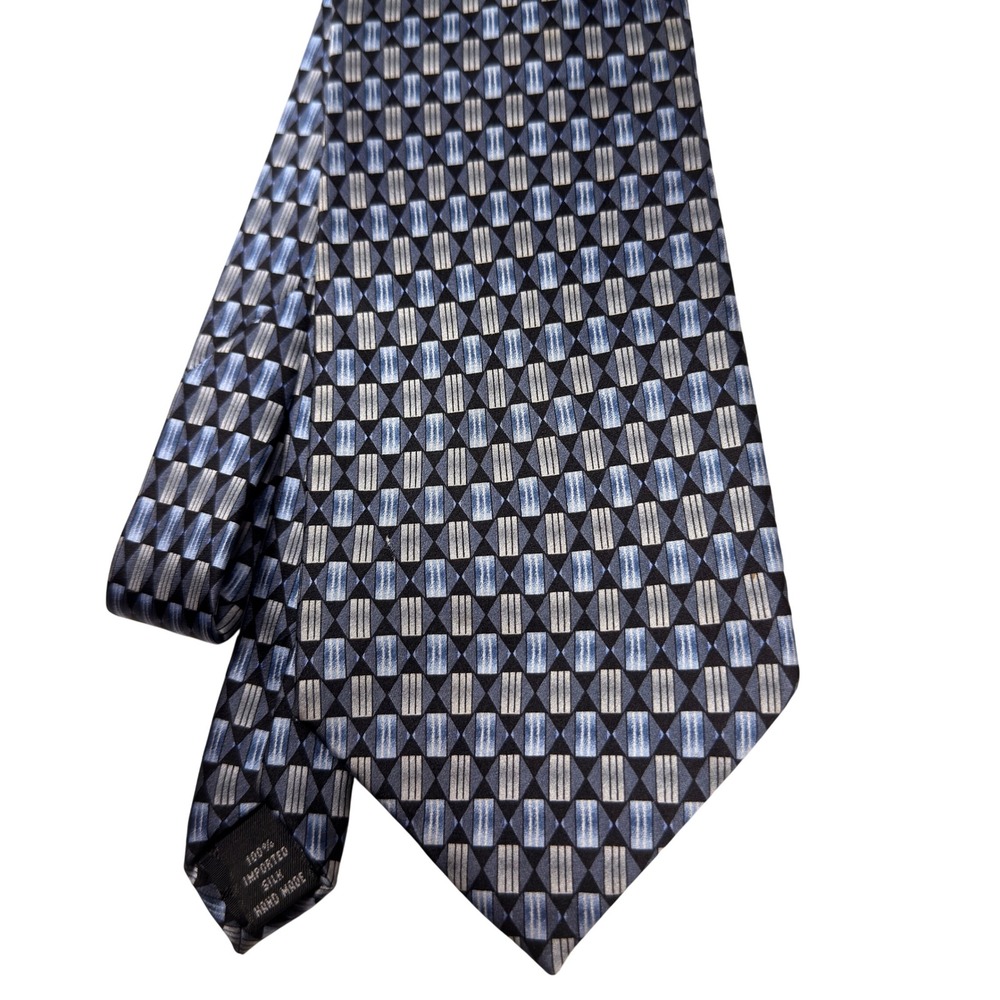 Ziggurat Necktie One Size Mens Geometric Silk Hand Made Blue Silver Black